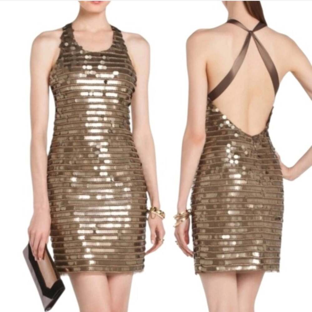 BCBG Max Aria Iman Sequin Bronze Coin Party Cocktail Dress Size S